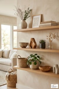 Organic modern shelf decor in a beautiful home setting