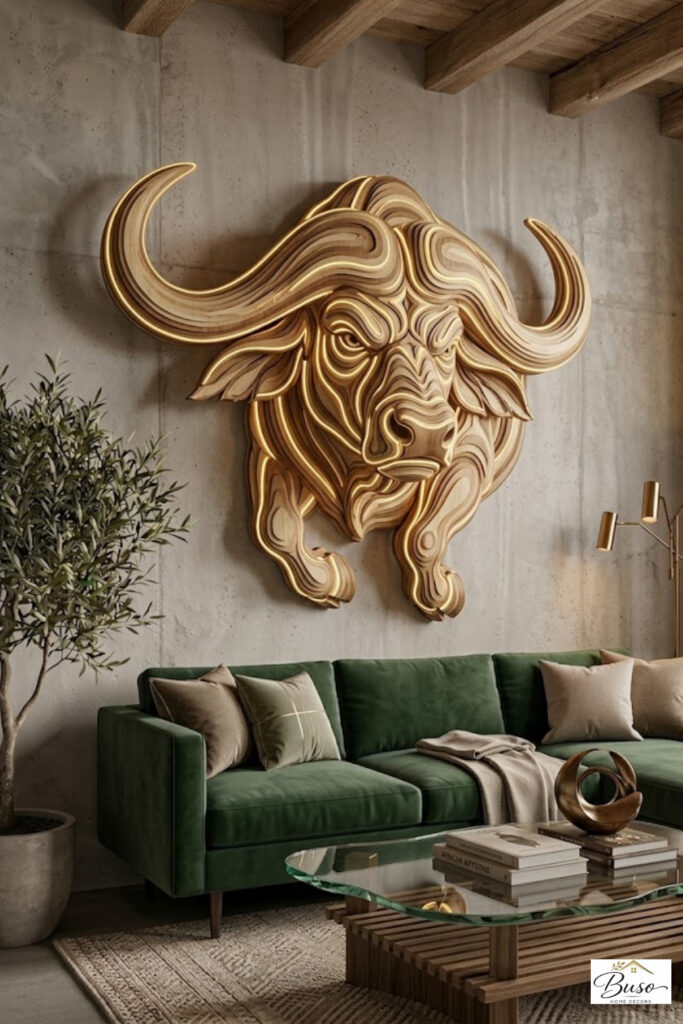 Illuminated 3D geometric wooden African Buffalo Head head wall art mounted