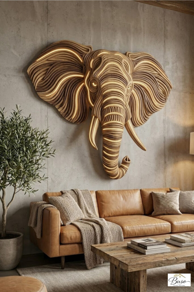 Illuminated 3D geometric wooden elephant head wall art mounted
