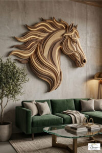 Illuminated 3D geometric wooden horse head wall art mounted