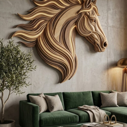 Illuminated 3D geometric wooden horse head wall art mounted
