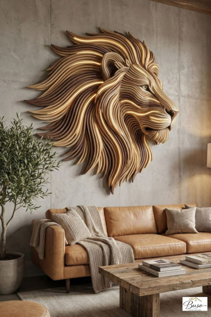 Illuminated 3D geometric wooden lion head wall art mounted