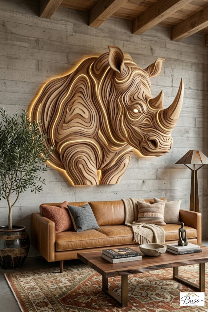 Illuminated 3D geometric wooden rhinoceros head wall art mounted