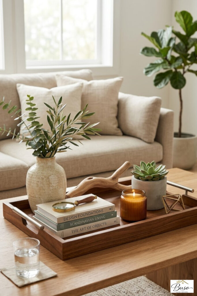 Coffee table tray styling in a beautiful home setting
