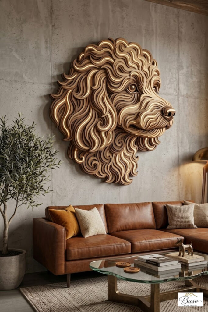 Abstract Wooden Poodle Wall Art with Light | Modern Living Room Decor