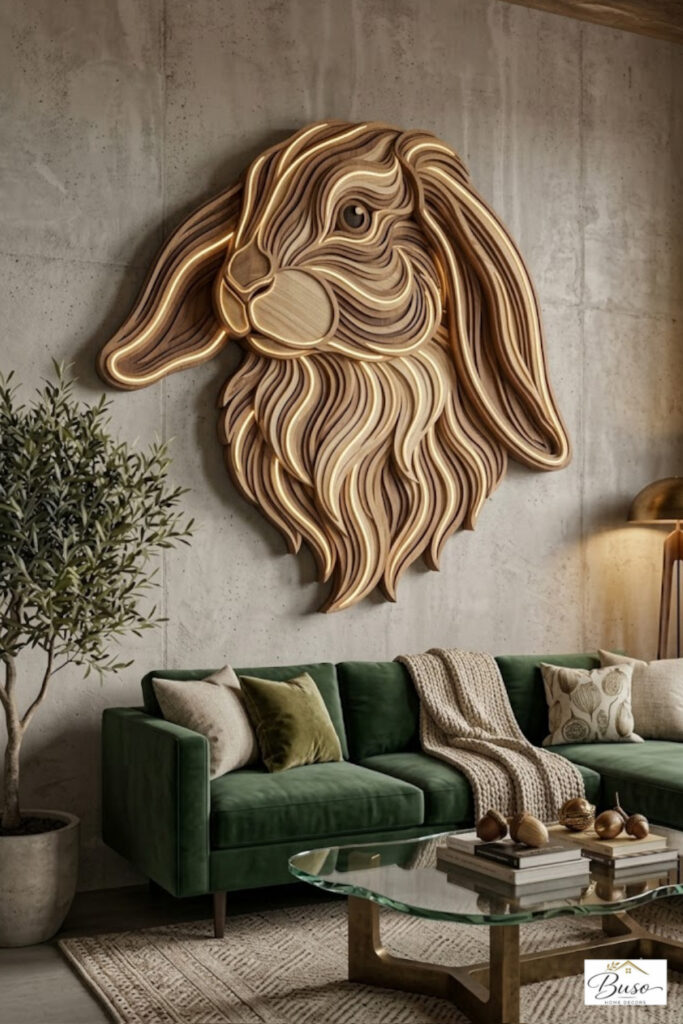 Curved Wooden House Rabbit Wall Art with Light | Modern Living Room Decor