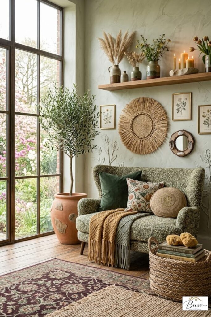 Biophilic living room in a beautiful home setting