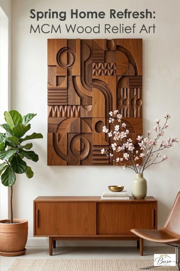 mid century modern wood relief in a beautiful home setting