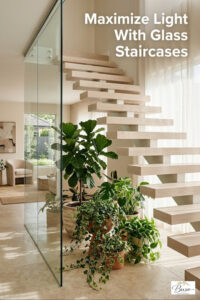 See how a floating timber staircase paired with clear glass railings allows overhead light to feed a beautiful biophilic plant oasis underneath.