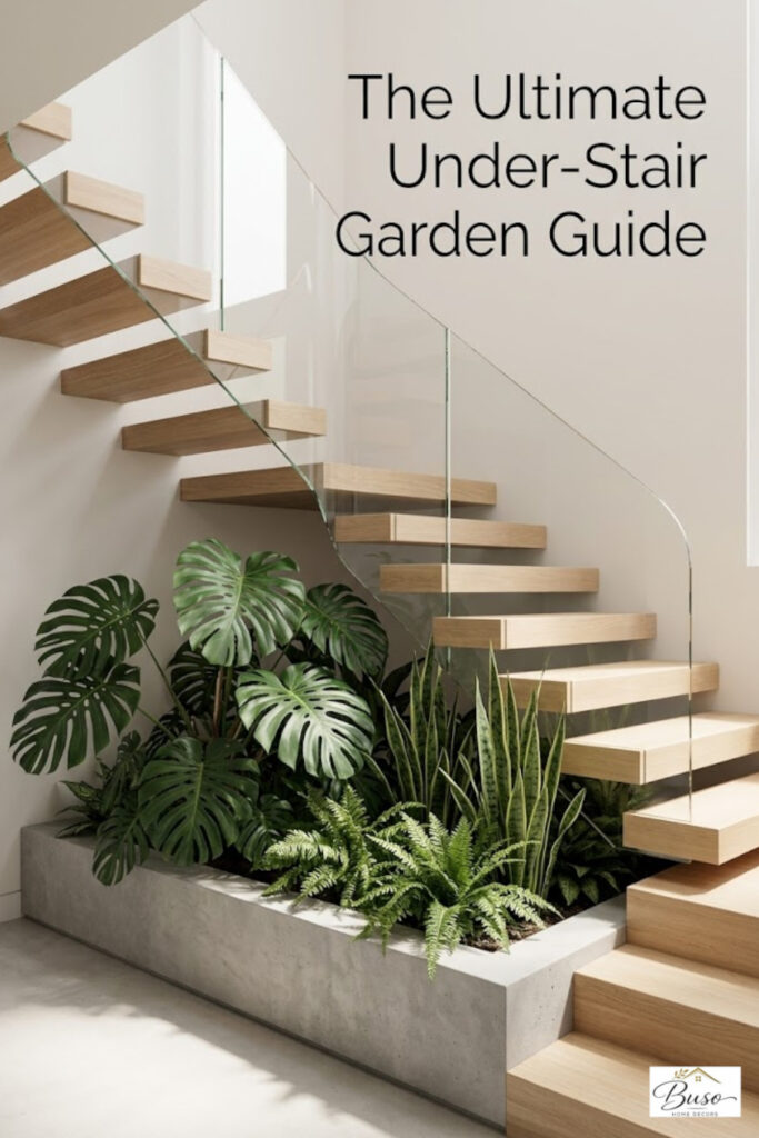 How to combine clean, floating oak steps with a custom under-stair planter box and low-light tropical plants.