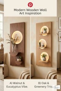 modern wood wall art with LED lighting in living room
