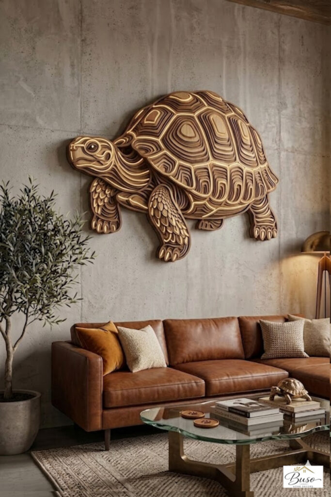 Mosaic Wooden Tortoise Wall Art with Light | Modern Living Room Decor