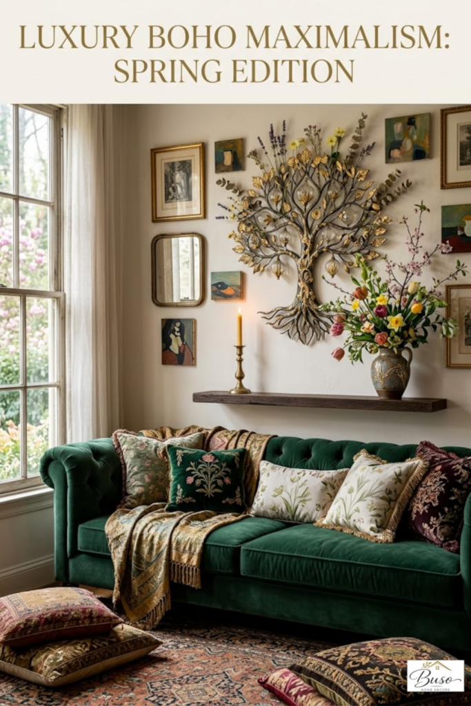 Maximalist living room decor in a beautiful home setting