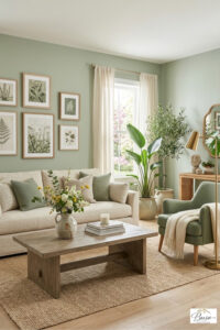 sage green and cream living room in a beautiful home setting