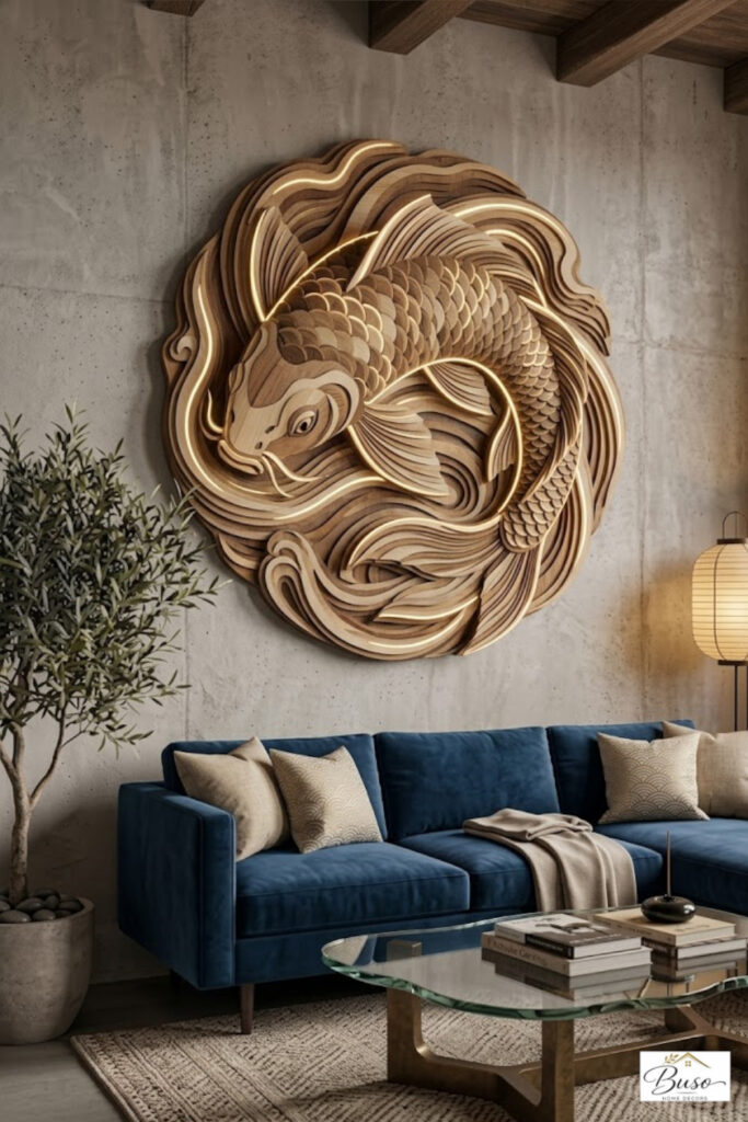 Sculptural Wooden Koi Fish Wall Art with Light | Modern Living Room Decor