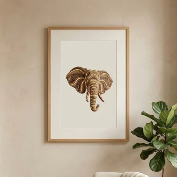 Flowing Wooden Elephant Head Printable Wall Art | 3D Luxury Layered Wood Geometric Digital Poster