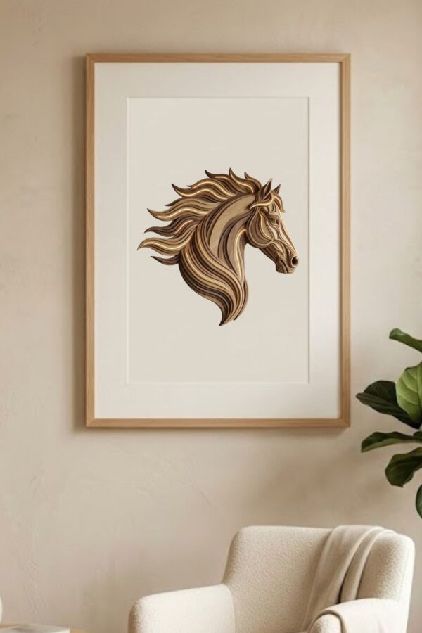 Flowing Wooden Horse Head Printable Wall Art | 3D Luxury Layered Wood Geometric Digital Poster