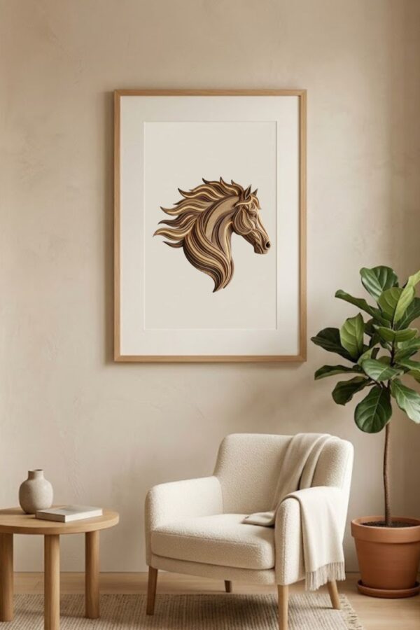 Flowing Wooden Horse Head Printable Wall Art | 3D Luxury Layered Wood Geometric Digital Poster