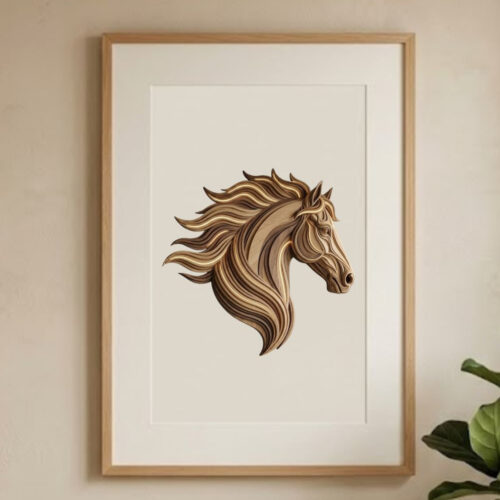 Flowing Wooden Horse Head Printable Wall Art | 3D Luxury Layered Wood Geometric Digital Poster