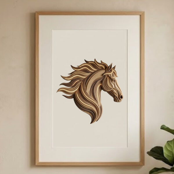 Flowing Wooden Horse Head Printable Wall Art | 3D Luxury Layered Wood Geometric Digital Poster